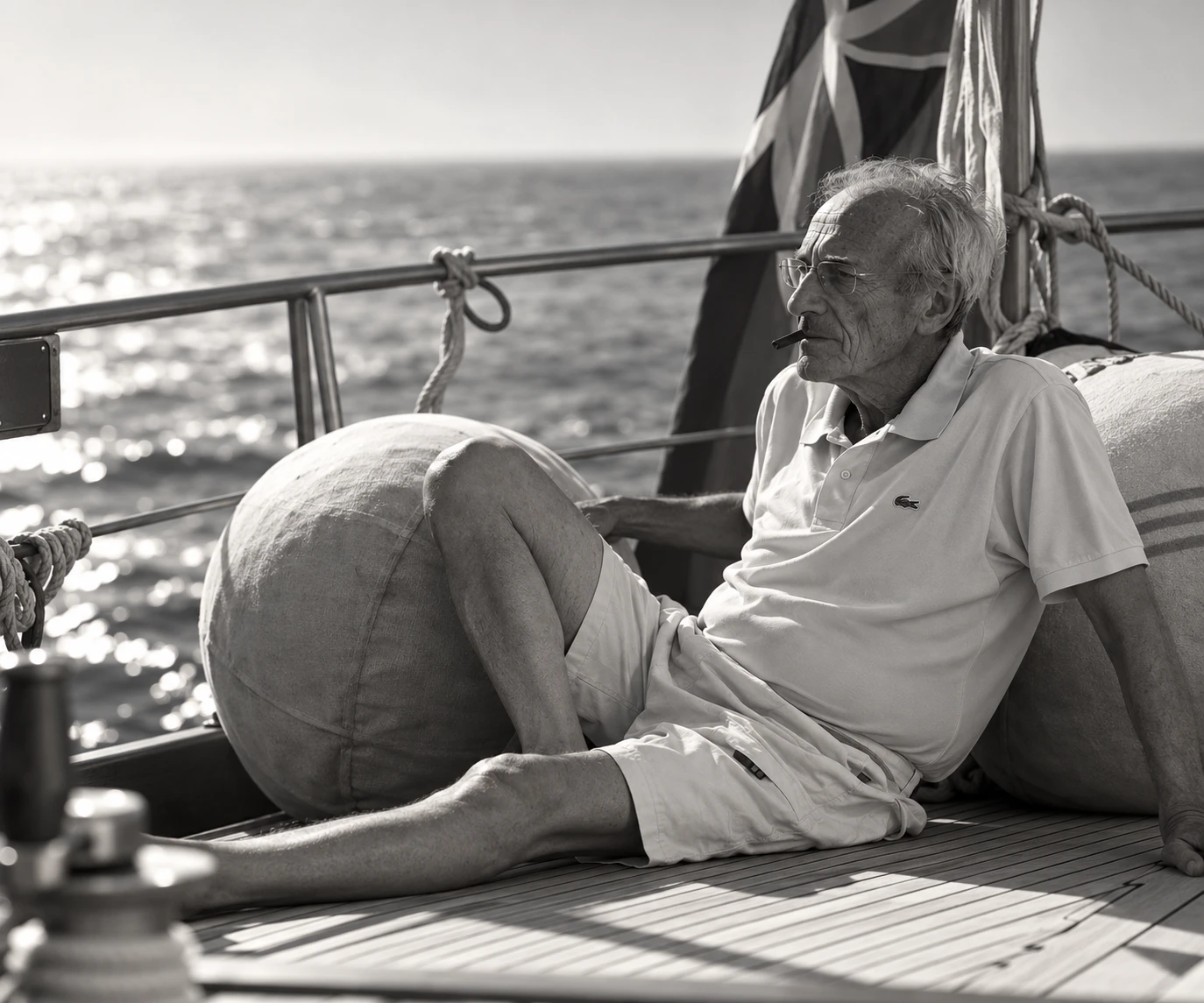 Arturo seduto sul ponte di una barca a vela, lo sguardo rivolto al mare.